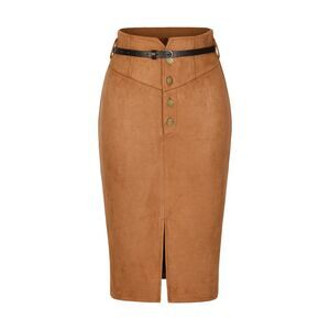 Faux Suede Skirt High Rise Button Front A-line Slit Skirt Brown